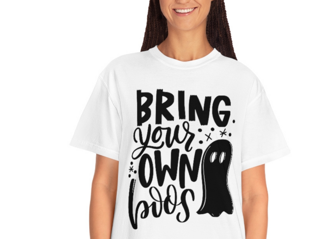 A relaxed fit Bring Your Own Boos Tee in white, featuring black text. Made of 100% ring-spun cotton for comfort and durability. Perfect for daily wear with a soft-washed, garment-dyed finish.