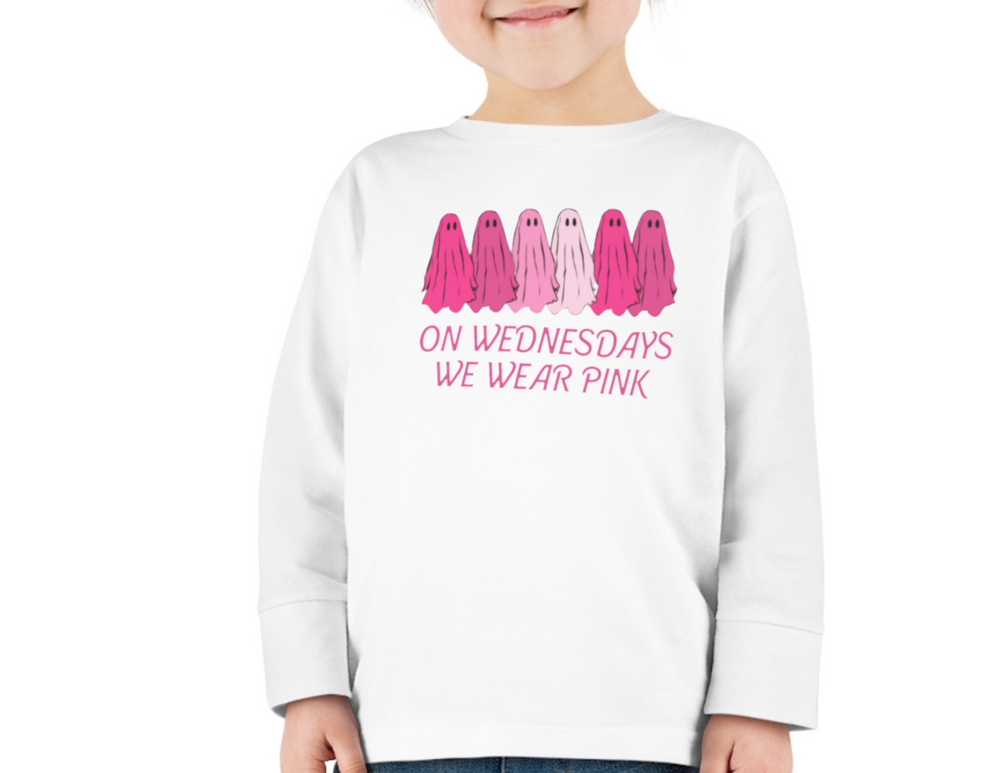 A toddler's long-sleeve tee featuring pink ghosts, crafted from durable 100% combed ringspun cotton. Designed for comfort with ribbed collar and EasyTear™ label. From 'Worlds Worst Tees'.