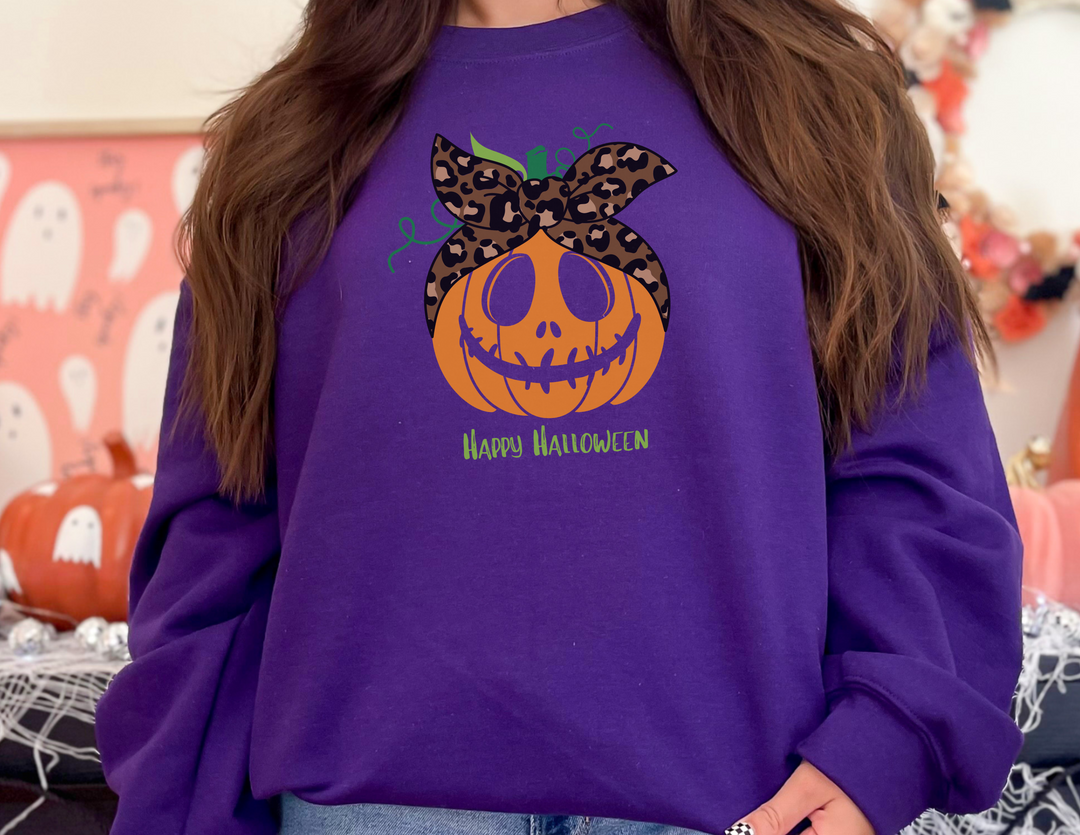 A unisex heavy blend crewneck sweatshirt featuring a pumpkin design. Made of 50% cotton and 50% polyester, with ribbed knit collar and no itchy side seams. Comfortable, loose fit, and true to size.