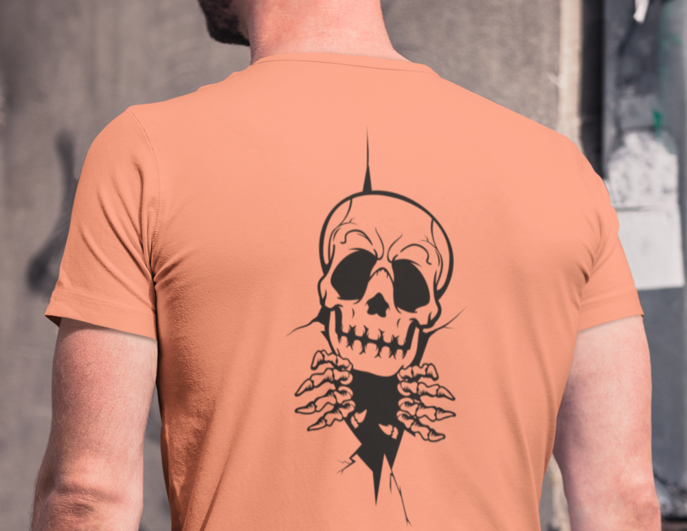 A Skeleton Tee in black cotton jersey, featuring a skull design on a man's shirt. Short-sleeve Beefy-T® with shoulder-to-shoulder taping and double-needle stitching for durability. Sizes range from S to 5XL.