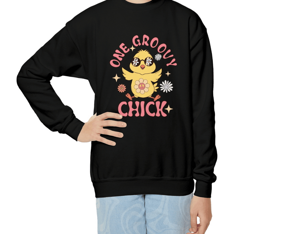 A youth crewneck sweatshirt featuring a black design with a yellow bird, ideal for school and sports. Made of 50% cotton and 50% polyester, with a loose fit and tear-away label.