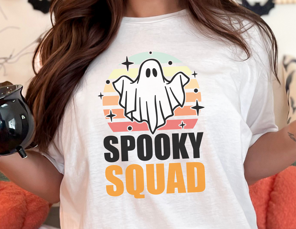 A spooky Squad Tee featuring a ghost design on a white Hammer™ T-shirt. Made of 100% pre-shrunk cotton with a classic fit and double-needle hems for all-day comfort. From Worlds Worst Tees.
