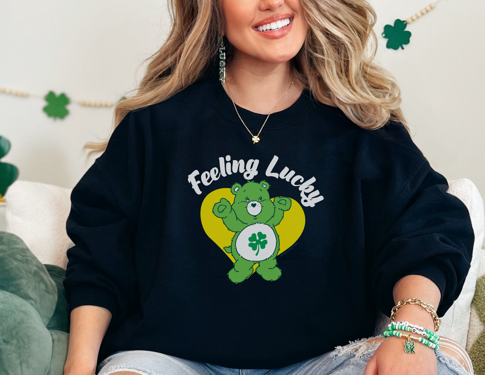 A smiling woman in a Feeling Lucky Crew sweatshirt, showcasing comfort and style. Unisex, heavy blend fabric with ribbed knit collar for a loose fit. Ideal for everyday wear.