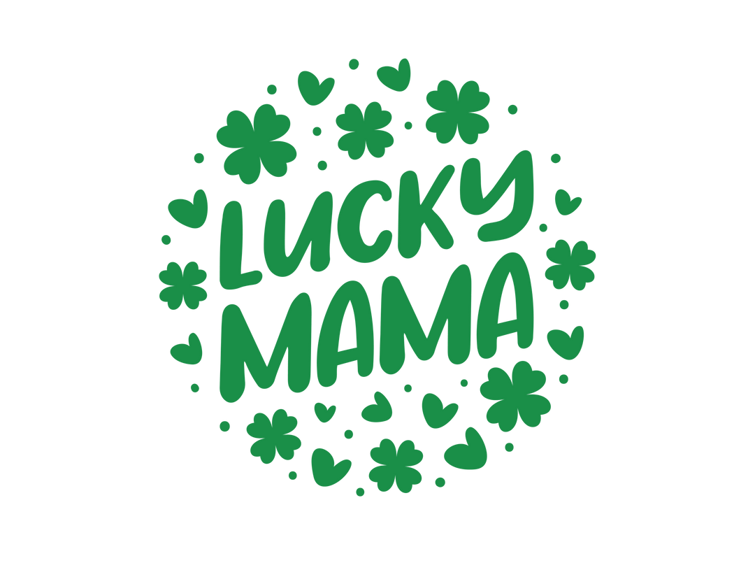 A Lucky Mama Tee featuring green text designs like a letter C, A, and four-leaf clovers on a black background. Unisex jersey tee made of 100% Airlume combed cotton, with ribbed knit collars and taping on shoulders for a comfortable fit.