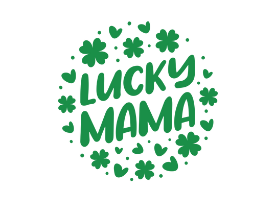 A Lucky Mama Tee featuring green text designs like a letter C, A, and four-leaf clovers on a black background. Unisex jersey tee made of 100% Airlume combed cotton, with ribbed knit collars and taping on shoulders for a comfortable fit.