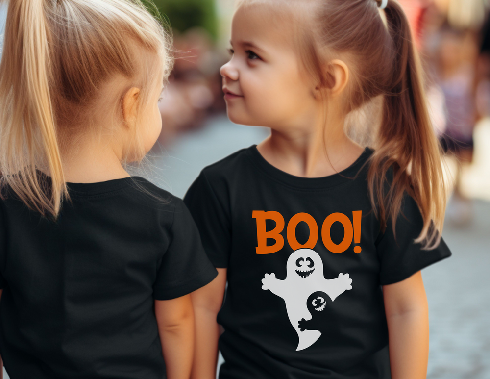 A custom Boo Toddler Long Sleeve Tee made of 100% cotton, featuring a ribbed collar and tear-away label for comfort and durability. Unisex fit for sizes 2T to 5-6T.