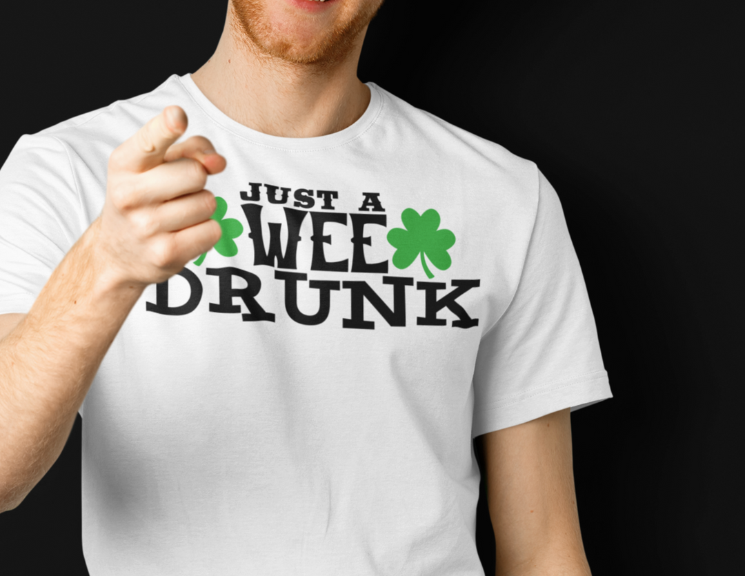 A premium Wee Drunk Tee for men, featuring a comfy, light fit with ribbed knit collar and side seams for shape retention and support. Made of 100% cotton, perfect for workouts or daily wear.