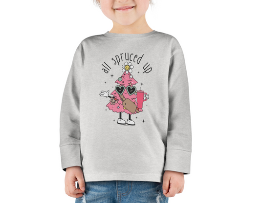 A custom toddler long-sleeve tee, All Spruced up Toddler Long Sleeve Tee, in 100% combed ringspun cotton. Features topstitched ribbed collar and EasyTear™ label for durability and comfort. Casual, stylish wear for kids.