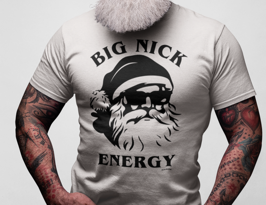 A relaxed fit Big Nick Energy Tee, unisex sweatshirt made of 80% ring-spun cotton and 20% polyester. Features include rolled-forward shoulders and a back neck patch. Dimensions range from S to 4XL.