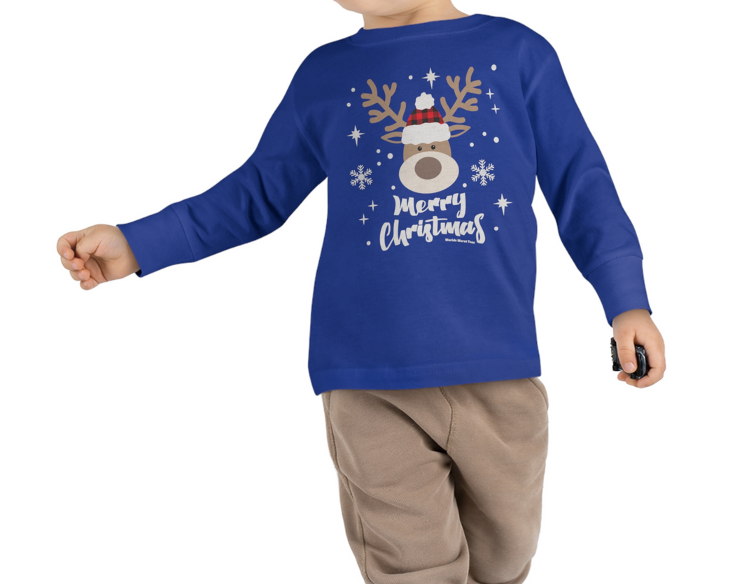 A custom toddler long-sleeve tee featuring a blue shirt with a reindeer and snowflakes design. Made from 100% combed ringspun cotton for durability and comfort. Ideal for the youngest trendsetters.