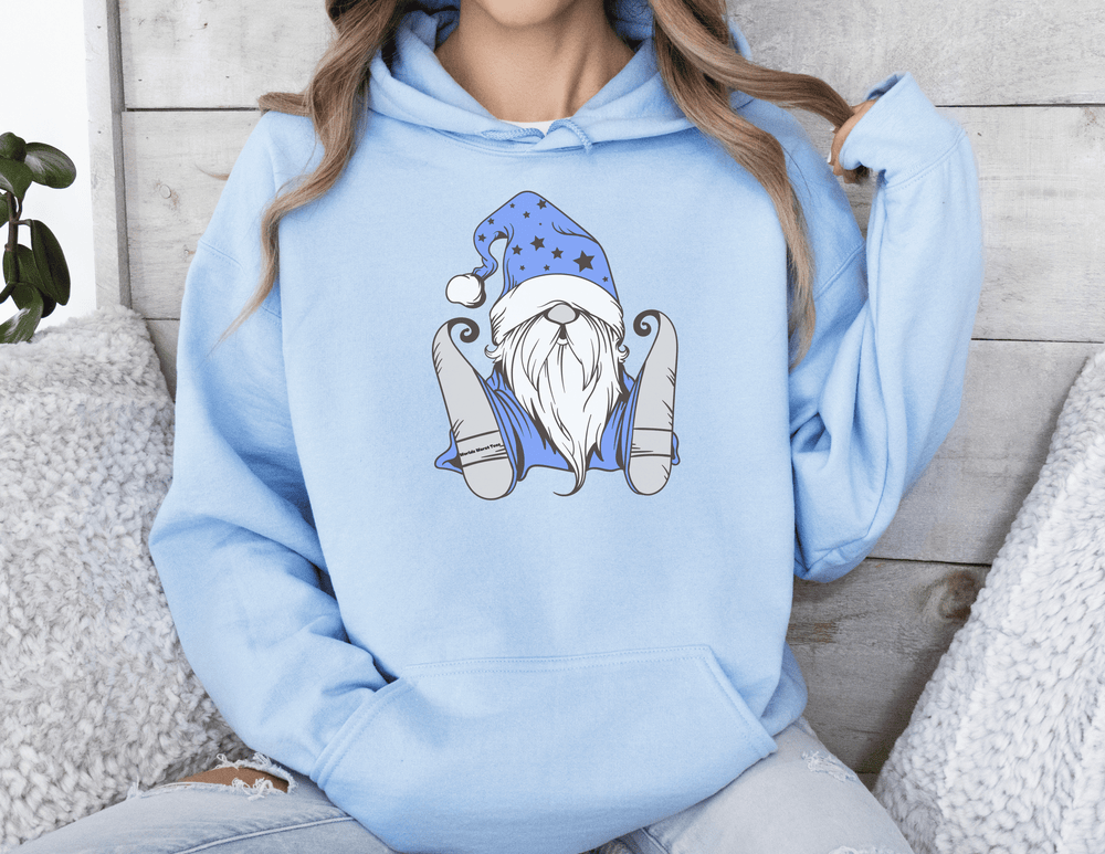 Unisex Christmas Gnome Hoodie: A cozy blend of cotton and polyester, featuring a kangaroo pocket and drawstring hood. Classic fit, tear-away label, ideal for printing. From Worlds Worst Tees.