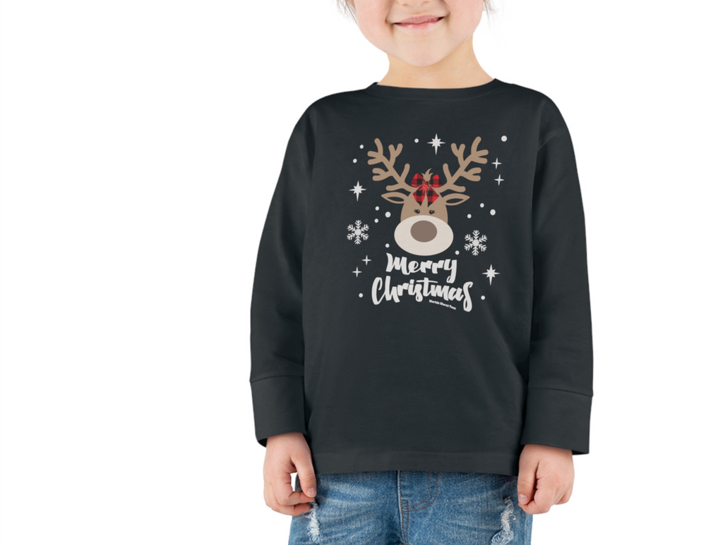 A toddler long-sleeve tee featuring a cute Christmas deer design, made of durable 100% combed ringspun cotton. Unisex fit with ribbed collar and EasyTear™ label for comfort and quality.