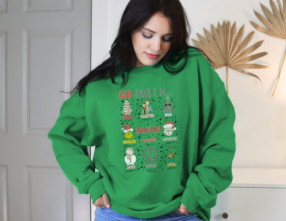 A unisex heavy blend crewneck sweatshirt featuring a woman in a green sweatshirt, perfect for comfort. Made of 50% cotton and 50% polyester, with ribbed knit collar and no itchy side seams. Sizes S-5XL.
