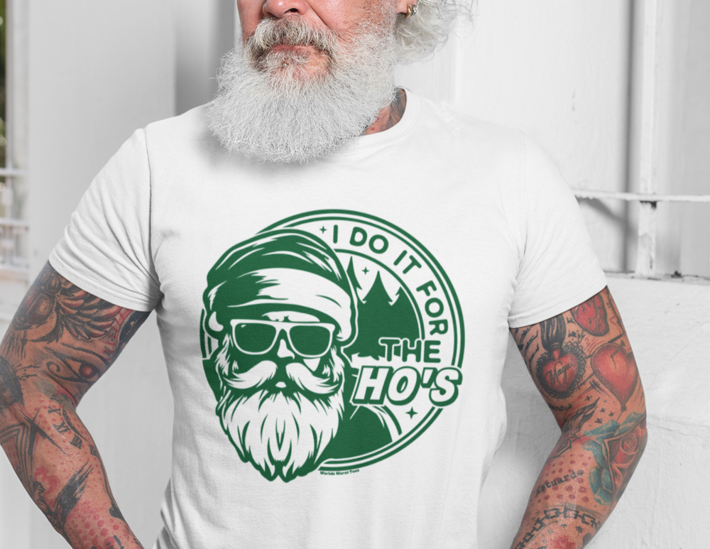 A premium fitted Men's short sleeve tee featuring a man with beards and tattoos. Comfy, light, 100% combed, ring-spun cotton, with a statement design I Do It For The Ho's Tee.