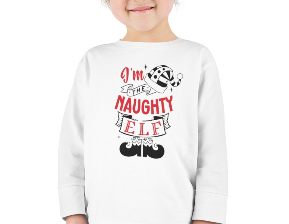 Toddler long sleeve tee featuring I'm the Naughty Elf design. Made of 100% Airlume combed cotton for comfort. Light fabric, perfect for kids. From Worlds Worst Tees.