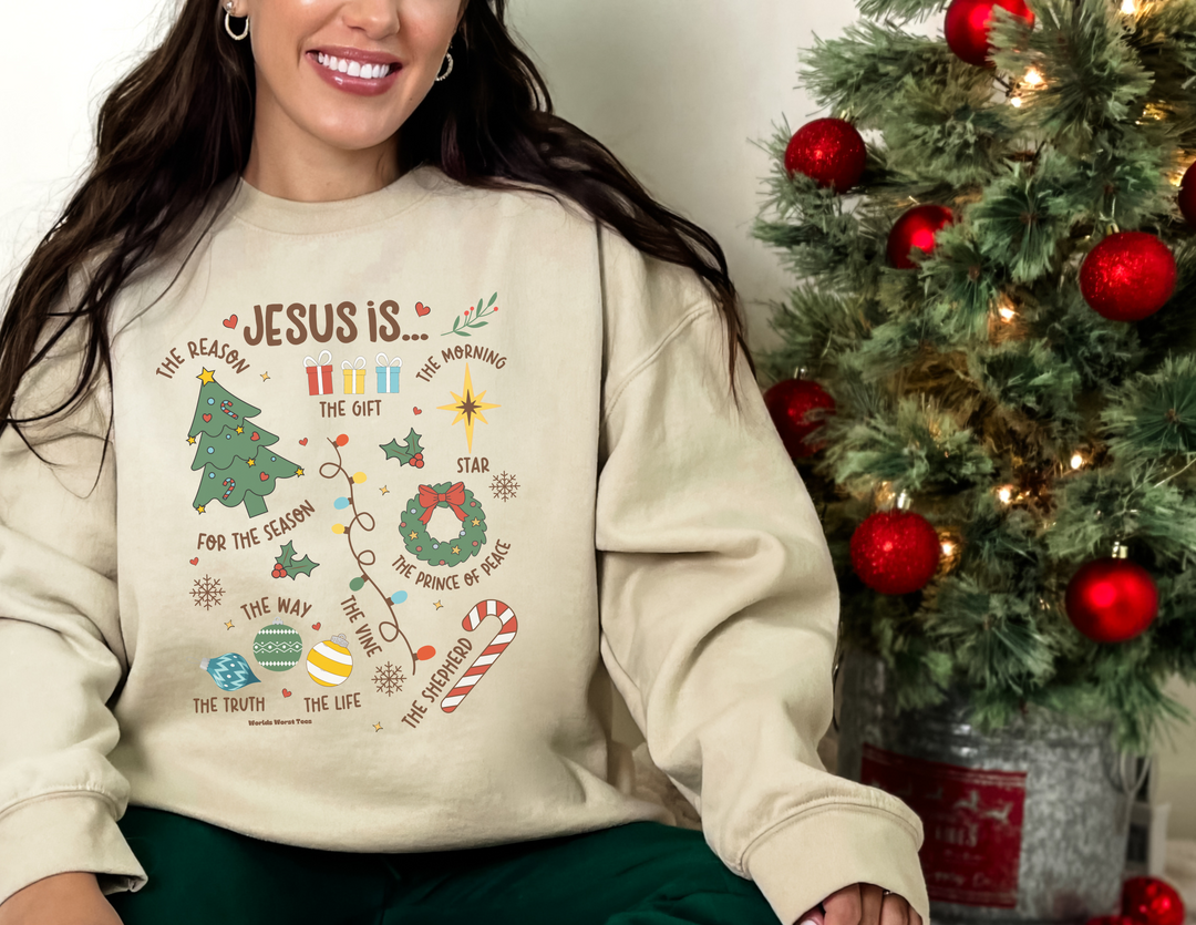 A cozy unisex Jesus is Christmas Crew sweatshirt, blending polyester and cotton for comfort. Ribbed knit collar, loose fit, sewn-in label, sizes S-5XL. Ideal for festive gatherings.