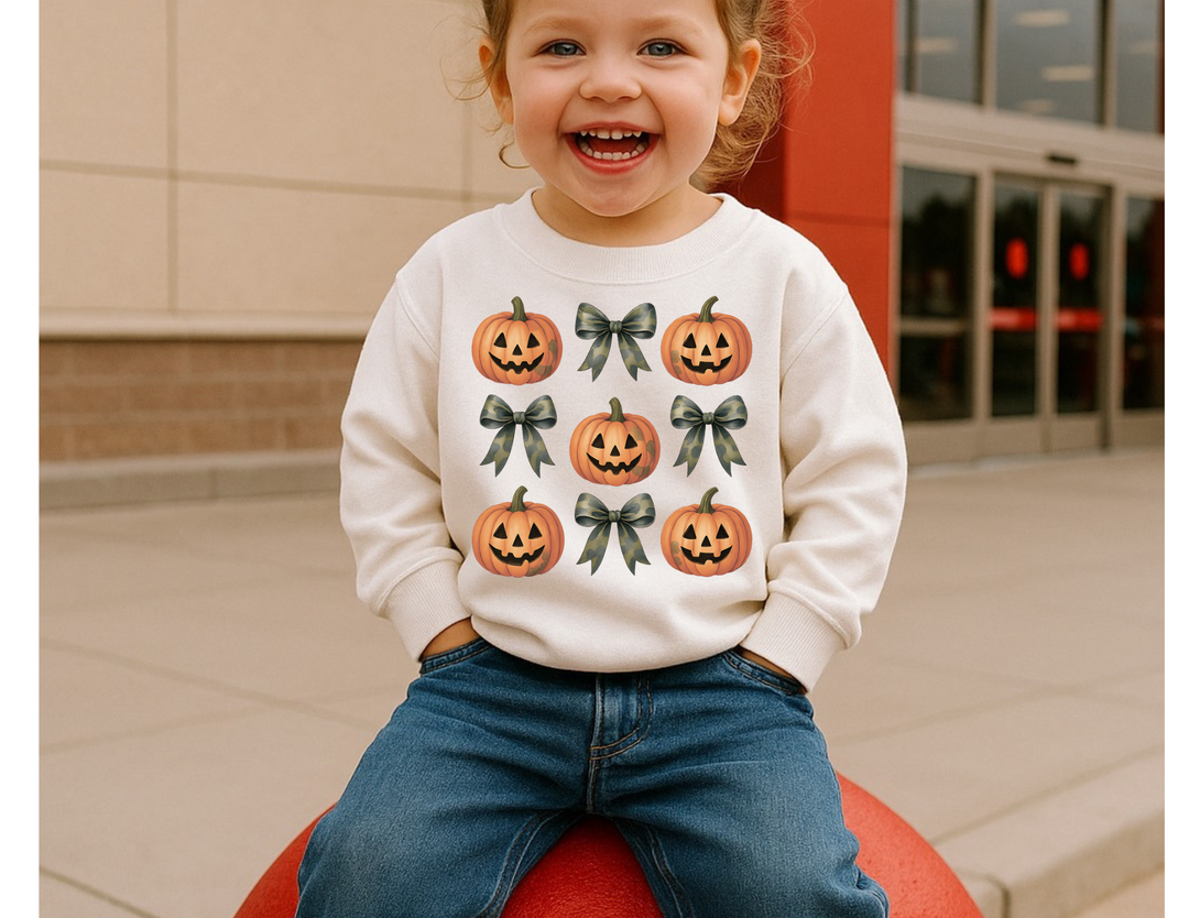Toddler wearing the Pumpkins and Bows Toddler Crew sweatshirt, sitting on a red sphere, showcasing its playful jack-o’-lantern and bow design.