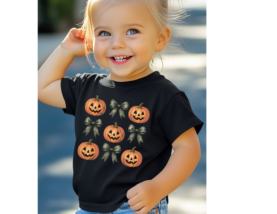 Child wearing a Pumpkins and Bows Toddler Tee, a black short-sleeved T-shirt with jack-o’-lanterns and bows, stands outdoors smiling, showcasing playful design.