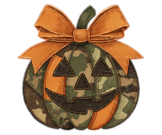 Jackie O Long Sleeve Onesie features an embroidered jack-o’-lantern patch with alternating orange and camo segments, dark-stitched face, and an orange bow accent.