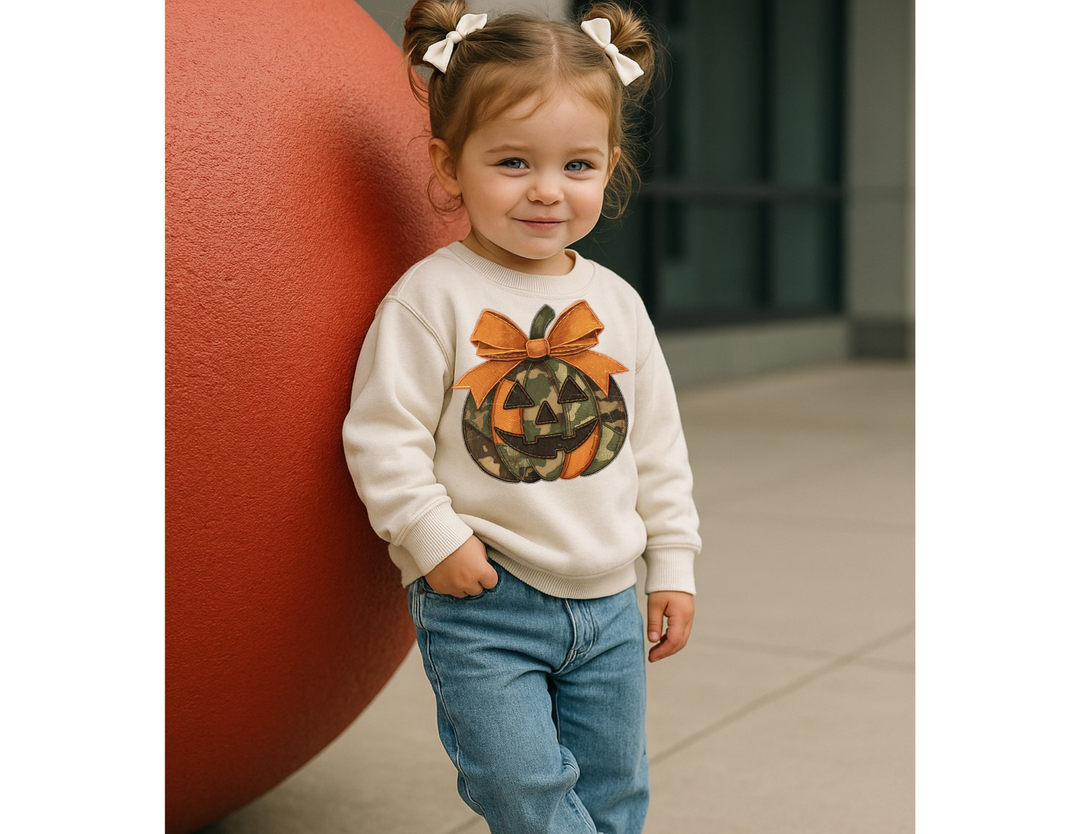 Toddler wearing the Jackie O Toddler Crew sweatshirt with a camouflage jack-o’-lantern design, standing against a red sculpture, showcasing cozy and durable fleece material.