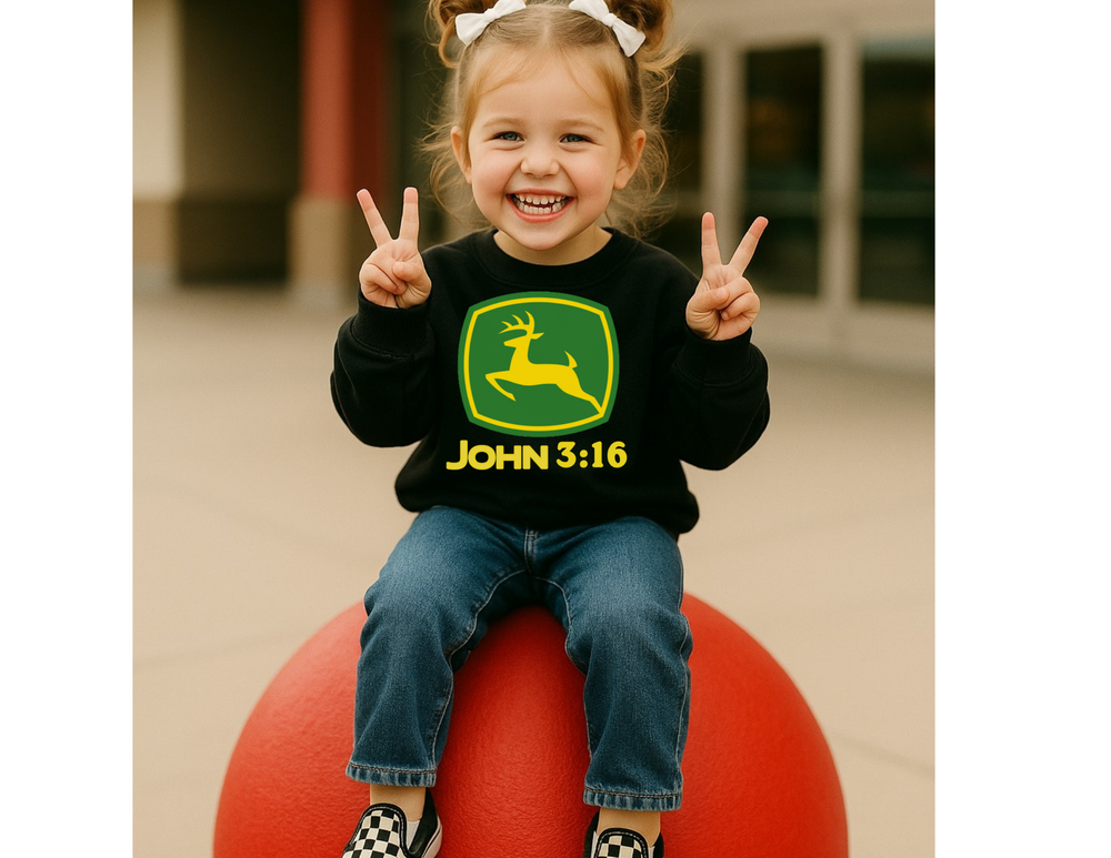Young girl on a red bollard, wearing a black JOHN 3:16 sweatshirt, blue jeans, and checkered shoes, smiling with peace signs.