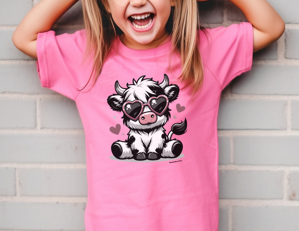 A girl in a pink shirt smiles, showcasing a Cute Cow Kids Tee. Perfect for active kids, this tee offers comfort in 100% cotton, soft-washed, and garment-dyed. Classic fit for all-day wear.