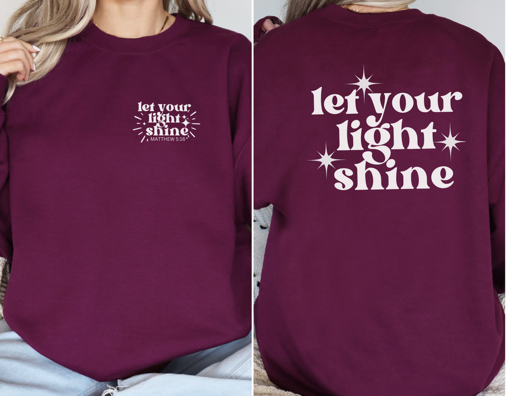 A unisex heavy blend crewneck sweatshirt featuring the Let Your Light Shine Crew design. Medium-heavy fabric, ribbed knit collar, no itchy side seams. Sizes from S to 5XL. Ideal for comfort and style.