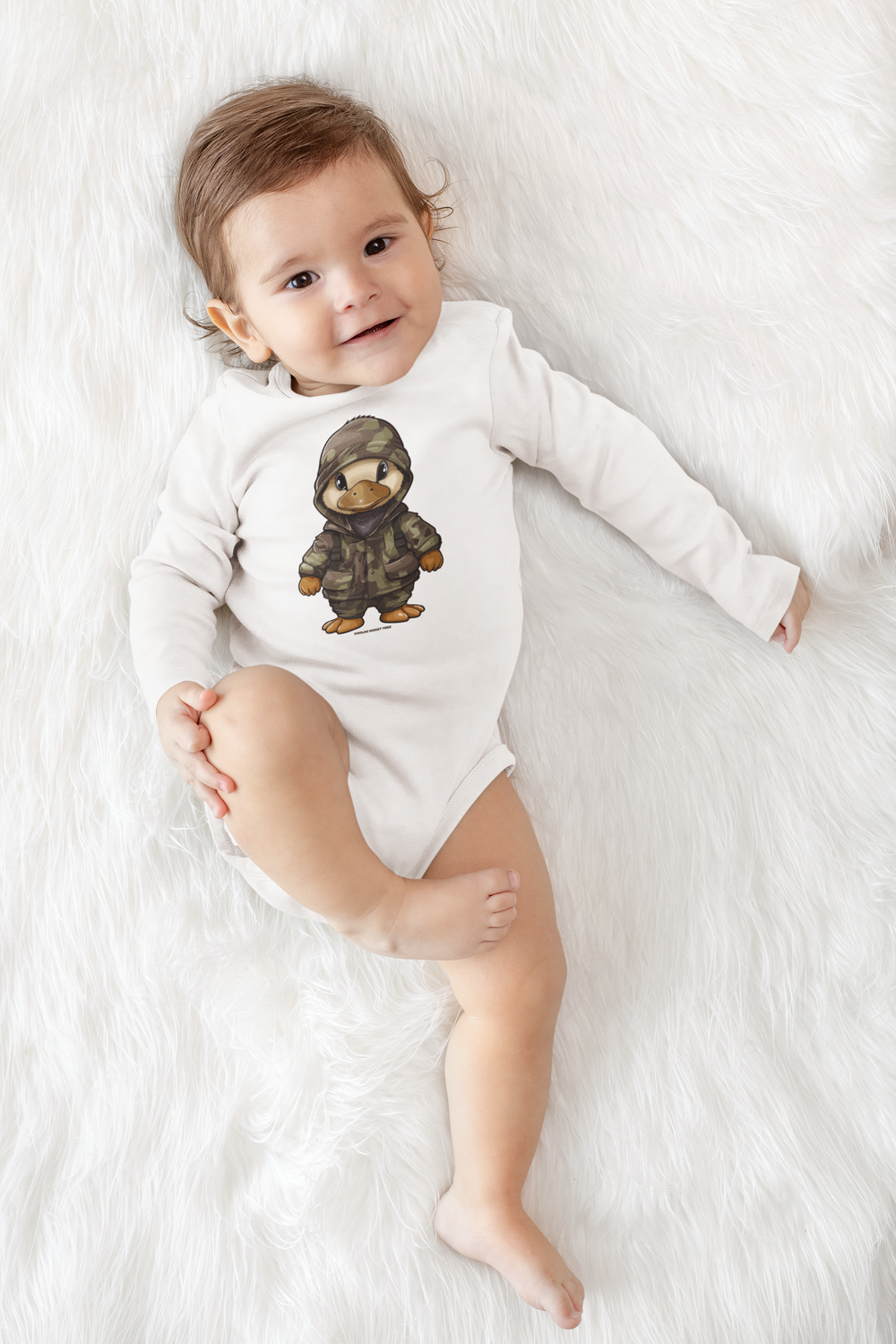 A durable infant long sleeve bodysuit, featuring plastic snaps for easy changing. Crafted from 100% combed ring-spun cotton for a soft feel. Available in various sizes. From Worlds Worst Tees: Hunting Baby Long Sleeved Onesie.