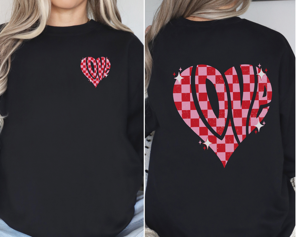 A unisex Love Crew sweatshirt featuring a heart design on a black shirt. Made of 50% cotton and 50% polyester, with a ribbed knit collar for comfort. Sizes from S to 5XL.