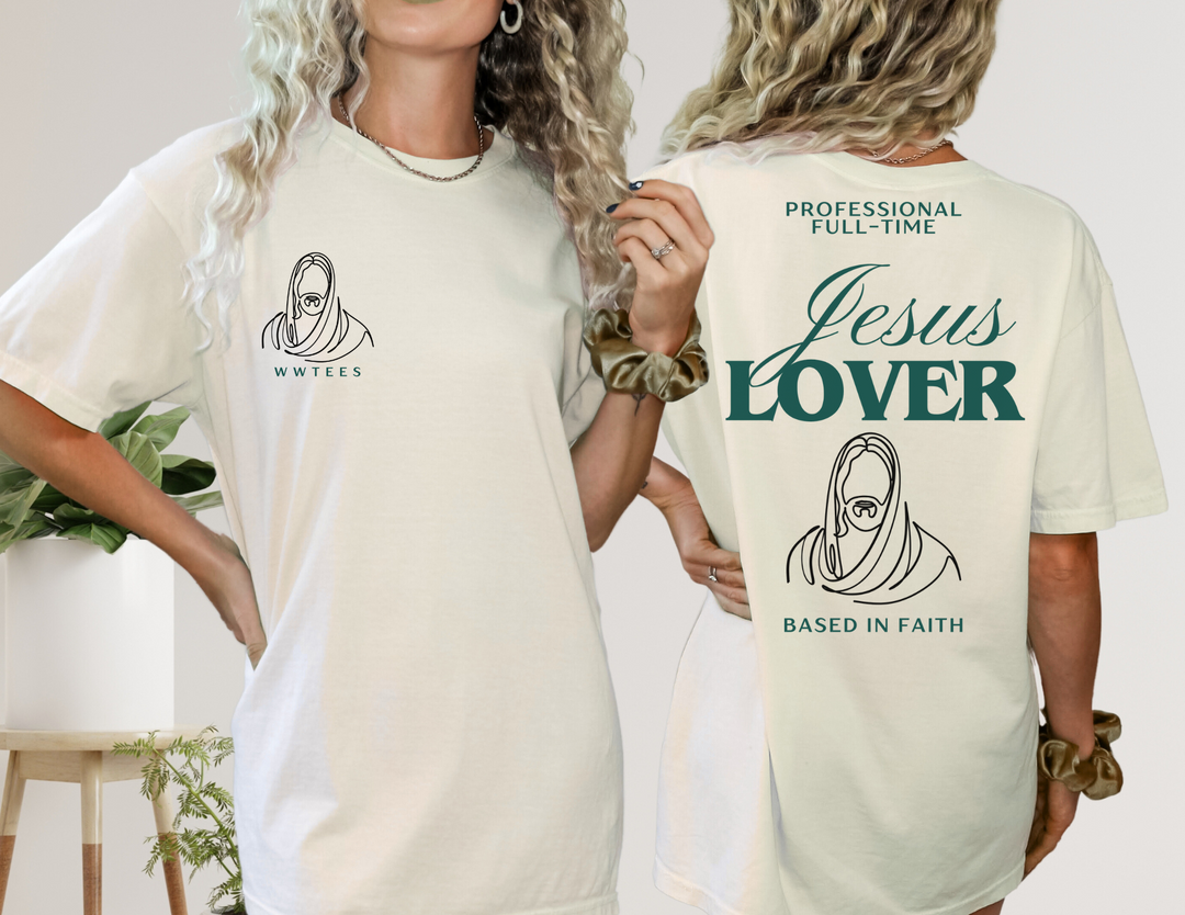 Jesus Lover Tee: Unisex garment-dyed drop-shoulder t-shirt with oversized fit, ribbed crew neck, and vintage-washed finish, offering comfort and classic streetwear style.