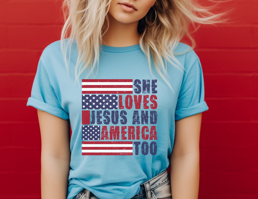 A woman in a casual She Loves Jesus and America Tee, showcasing a classic unisex jersey t-shirt. Soft cotton, ribbed knit collars, and shoulder taping for a comfortable fit. Ideal for those who love unique graphic tees.