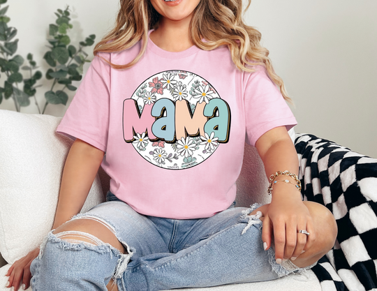 A classic Sassy Mama Flower Tee, a staple for casual fashion, featuring a ribbed knit collar for elasticity and durability, with no side seams for comfort. Unisex, 100% cotton, medium weight fabric.