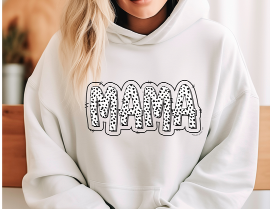 A Mama Print Hoodie, a cozy unisex blend of cotton and polyester, featuring a kangaroo pocket and drawstring hood. Medium-heavy fabric, tear-away label, classic fit. Ideal for relaxation and warmth.