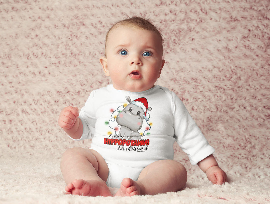 A baby wearing a hippopotamus-themed onesie, featuring long sleeves and ribbed bindings for durability and comfort. Ideal for easy changing with plastic snaps at the closure. From Worlds Worst Tees.