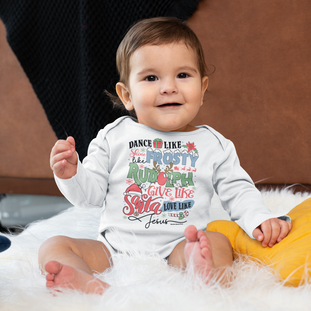 A baby wearing a Frosty Rudolph Santa Jesus Onesie, featuring plastic snaps for easy changing, ribbed knitting for durability, and 100% combed ring-spun cotton fabric.