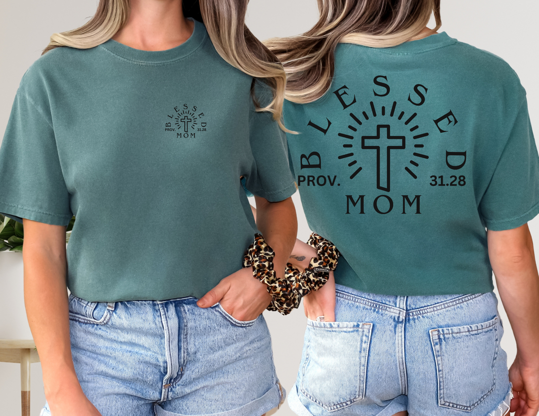A relaxed fit Blessed Mom Tee, crafted from 100% ring-spun cotton, featuring a graphic on the back. Garment-dyed for extra coziness, with double-needle stitching for durability and a seamless design.