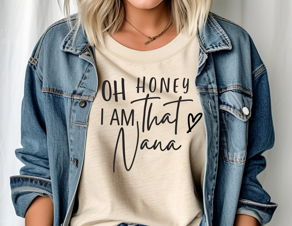A classic unisex ultra cotton tee, Oh Honey I am that Nana Tee from Worlds Worst Tees. Features ribbed collar, sustainably sourced materials, and tear-away label for comfort. Sizes from S to 5XL.