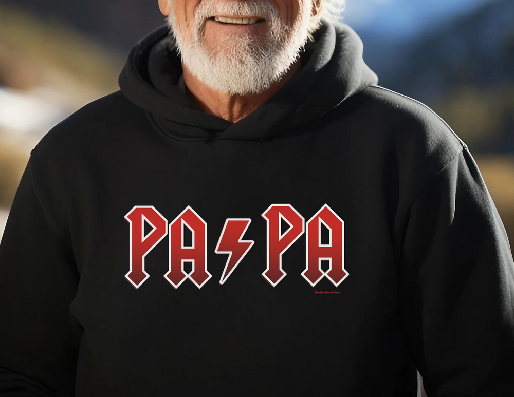 A man in a black sweatshirt with a white beard, smiling. Unisex Pa/Pa Hoodie in cotton-poly blend, cozy and warm. Kangaroo pocket, matching drawstring, sizes S-5XL. Perfect for cold days.