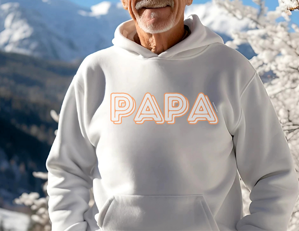 A white Papa Hoodie featuring a man in a white sweatshirt, with a kangaroo pocket and drawstring hood. Unisex, cozy blend of cotton and polyester for warmth and comfort on cold days.