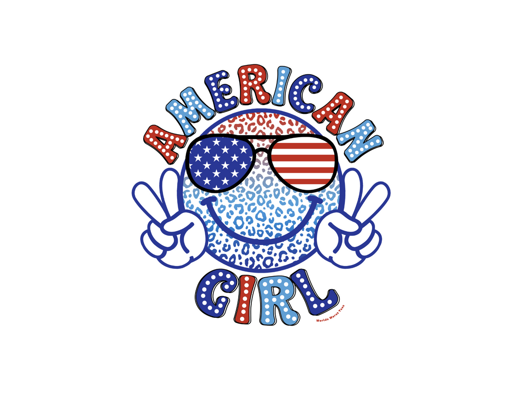 American Girl Toddler Hoodie featuring a logo with a face and sunglasses, a smiley face cartoon, and blue and white sunglasses with stars. Designed for comfort with durable construction and side seam pockets.