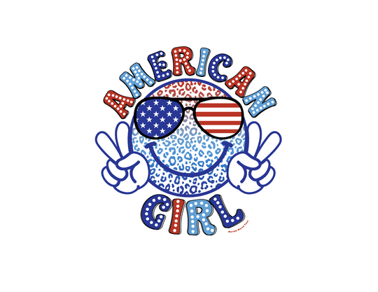 American Girl Toddler Hoodie featuring a logo with a face and sunglasses, a smiley face cartoon, and blue and white sunglasses with stars. Designed for comfort with durable construction and side seam pockets.