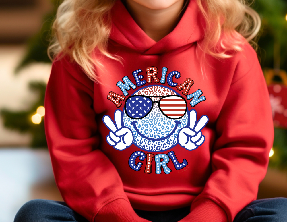 American Girl Toddler Hoodie with durable design, jersey-lined hood, cover-stitched details, and side seam pockets for cozy comfort. Made of 60% cotton, 40% polyester blend.