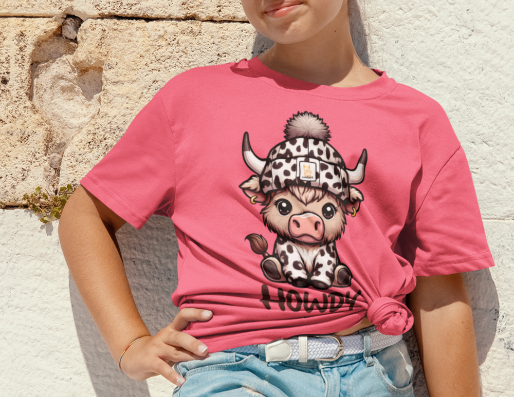 A girl in a pink shirt with a cow design poses, showcasing the Howdy Kids Tee. Crafted for active kids, this 100% cotton shirt offers comfort and agility. Classic fit, soft-washed, and garment-dyed.