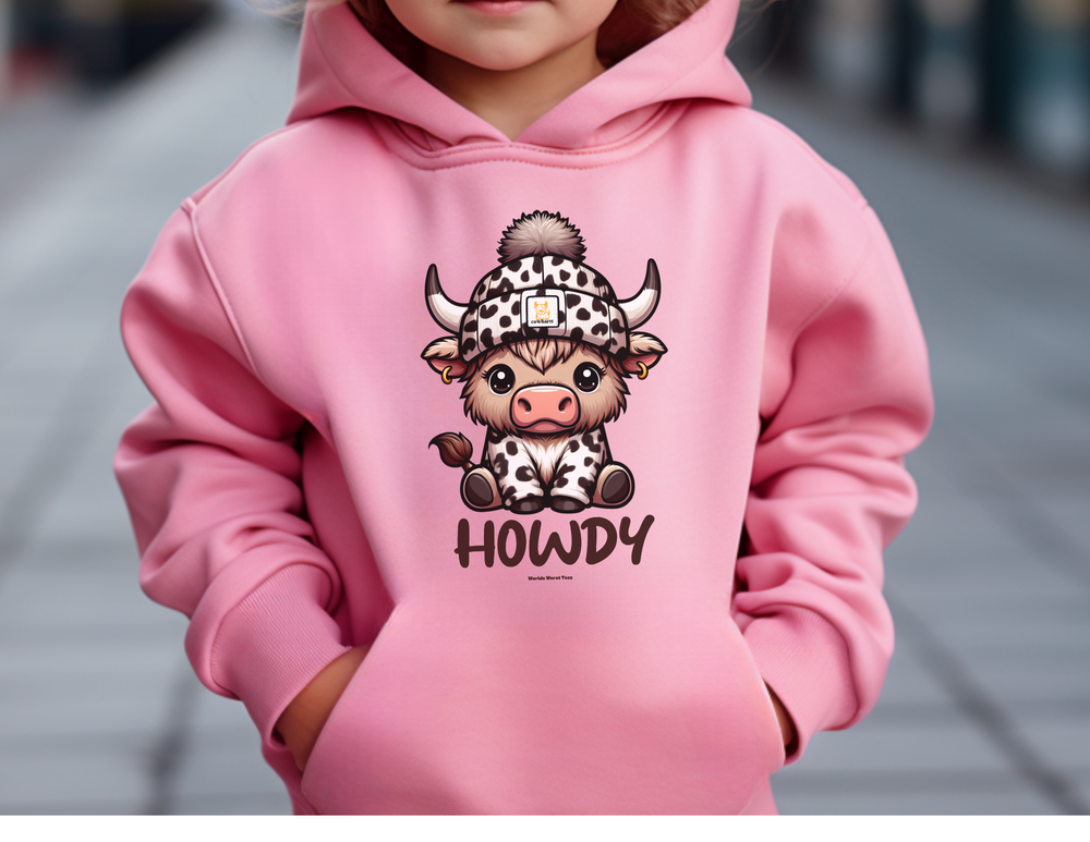 Toddler hoodie with durable design, featuring jersey-lined hood and cover-stitched details. Side seam pockets for added convenience. Howdy Toddler Hoodie by Worlds Worst Tees.