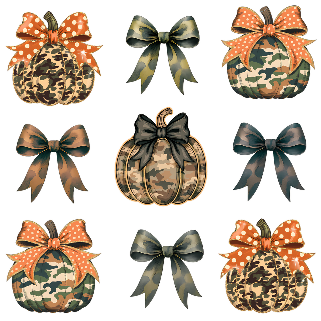 Bows and Pumpkins Tee: A 3×3 collage features camo-patterned pumpkins with bows and coordinating ribbon bows, perfect for fall-themed, comfortable wear.