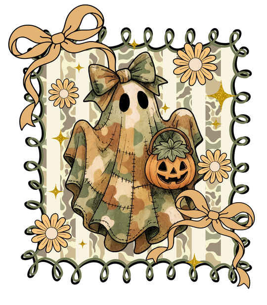 Quilted Ghost Hoodie: Whimsical ghost in camo patchwork with pumpkin basket, framed by floral and camo accents, highlighting cozy comfort in a unique Halloween style.