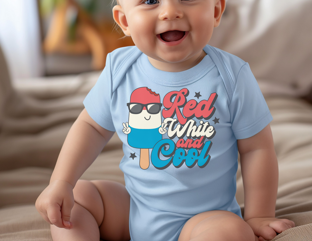 Infant unisex Red White and Cool onesie, featuring a soft, 100% ring-spun cotton fabric and practical lap shoulders for easy dressing.