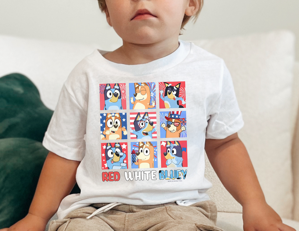 A toddler tee featuring a child sitting on a couch, perfect for sensitive skin. Made of 100% combed ringspun cotton, light fabric, with a classic fit. Title: Red White and Bluey Toddler Tee.