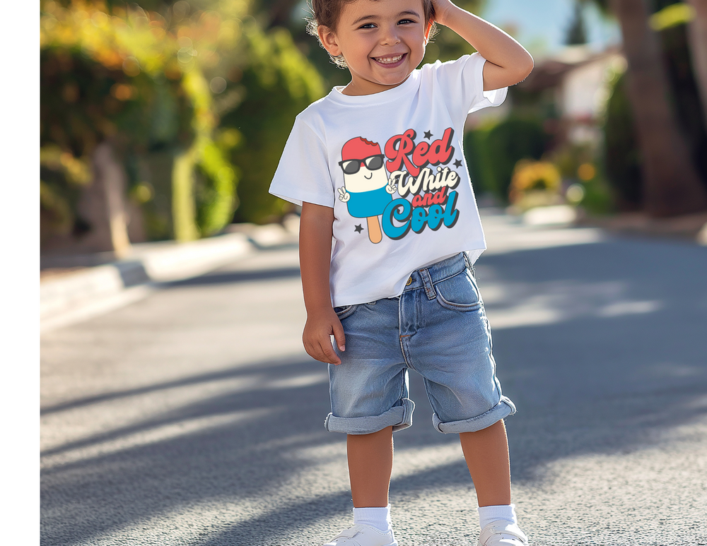 Red White and Cool Toddler Tee, featuring a soft, durable cotton fabric perfect for sensitive skin, ideal for toddlers' first adventures. Classic fit with tear-away label.