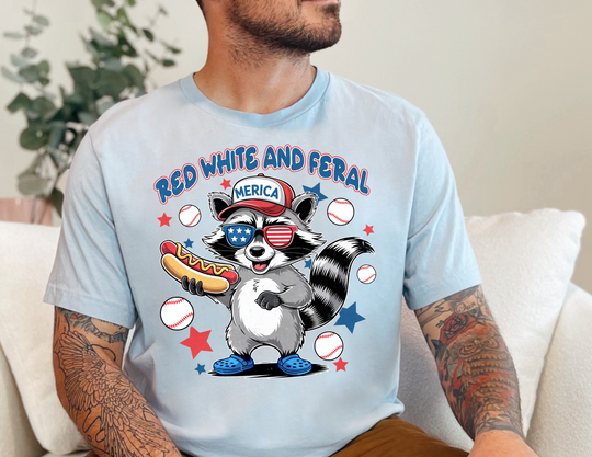 Red White and Feral Baseball 4th Tee, a soft, classic unisex jersey with ribbed knit collars and tapered shoulders, designed for comfort and shape retention.